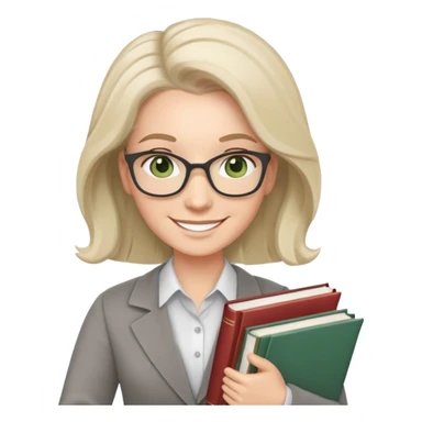 smiling English teacher with airtouch hair and grey-green eyes holding books and teaching materials sticker