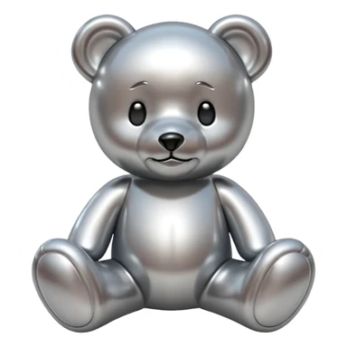 A cute teddy bear emoji made of liquid silver chrome, smooth rounded body, glossy metallic surface, soft reflections, friendly proportions, iOS emoji style, centered, clean white background sticker