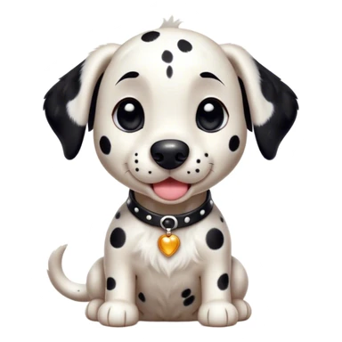 Cinematic Cute Spotted Dalmatian Portrait Emoji, Head tilted playfully and inquisitively, featuring a glossy Fur of predominantly white with dynamic black patches, round, sparkling eyes filled with gentle curiosity, Simplified yet irresistibly adorable features, highly detailed, glowing with a warm, friendly glow, high shine, affectionate and gentle, stylized with a touch of whimsy, bright and endearing, soft glowing outline, capturing the essence of a mischievous yet loving pup, so playful it feels like it could lumber out of the screen and into your arms! sticker