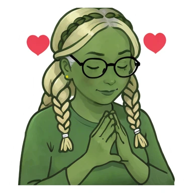 Blond middle aged woman with reading glasses and long blond braids praying, and with heart in her mind sticker