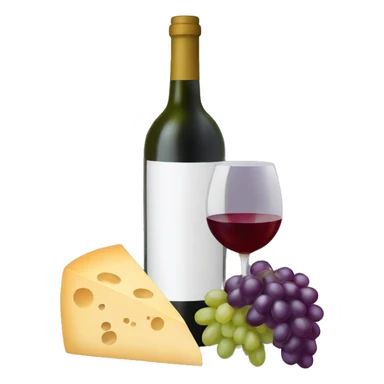 wine bottle with wine glass and grapes and cheese sticker