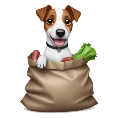 Jack Russell Terrier holds a garbage bag with sausages in his paws sticker