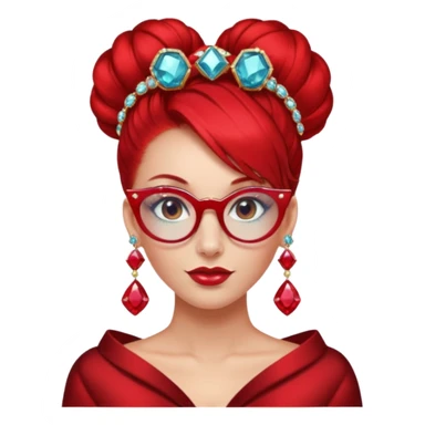 gem lover woman with gem accessories excessive amount gem glassess very big gem earrings red bun hair and red diamonds sticker