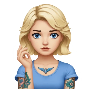 Blonde woman with short wavy hair, blue eyes with dark lashes, tattoo on arm, disapproving look sticker