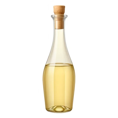 elegant tall glass bottle of white wine vinegar, pale golden clear liquid, smooth curves, narrow neck, light beige cork or cap, no label or branding, soft lighting, subtle shadows, emoji scale sticker