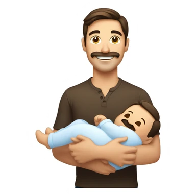 handsome smiling brunette man with mustache holding new baby sticker