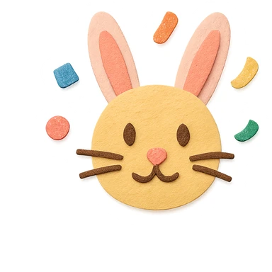 Refine the bunny and confetti edges for a visually good looking and well-shaped appearance, ensure all elements are clean and crisp with a transparent background. No shadow, keep the paper-craft style. sticker