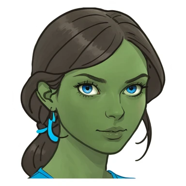 Brunette lady with blue eyes with breast and two men standing behind sticker