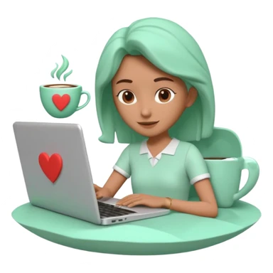 3D clay character relaxed with laptop and coffee, floating icons (envelope, heart, dollar), mint green (#34D399) outfit, coral (#FF7F6B) floating icons, white laptop, Pixar style, transparent background sticker