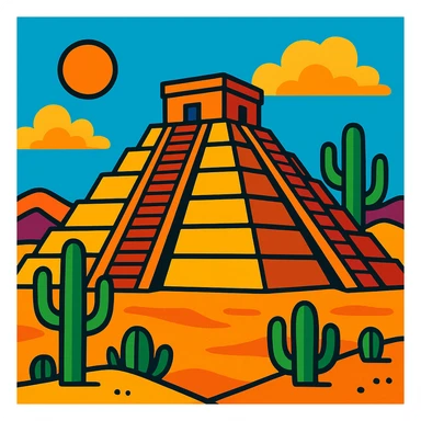 Mexican pyramid with cacti and desert background in vibrant toon style sticker
