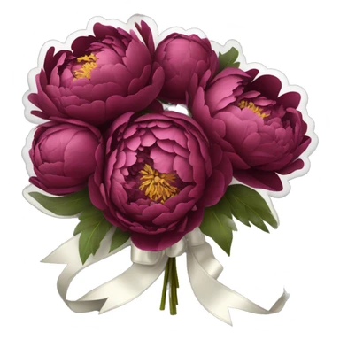 Big bouquet of burgundy peonies with a white satin ribbon sticker