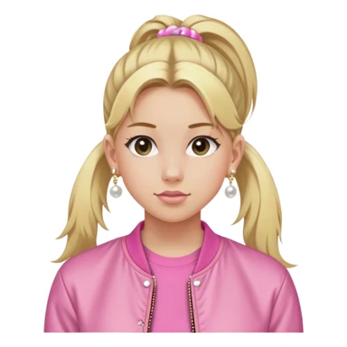 High school white girl with long blonde hair hair tied into a ponytail. Wearing a pink tee shirt with a bomber jacket and pearl stud earrings. She’s also wearing a short, dainty and girly (maybe 16”) gold chain sticker