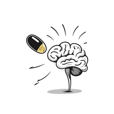 A magical amber capsule floating in front of a brain with fog lifting, showing electrical connections brightening one by one, creating clarity and focus. The brain becomes sharper and more defined. sticker