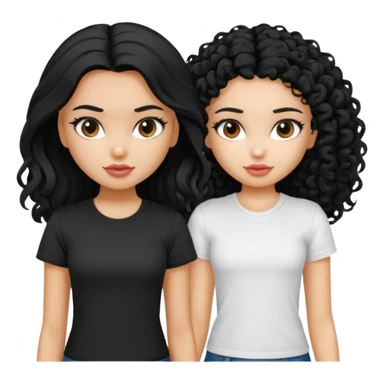 2 pretty bratz fair girls. One has straight black hair and is tan, wearing a white tshirt. One is fair with curly black hair, wearing a black tshirt  sticker