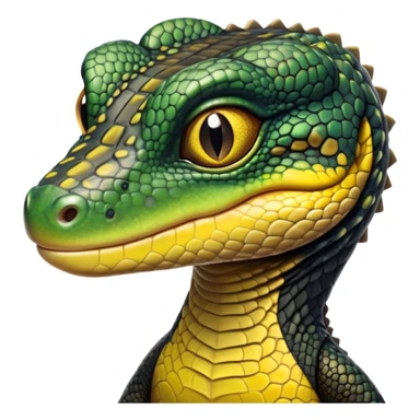 cinematic-realistic-cute-monitor-lizard-portrait-emoji,-head-tilted-playfully-and-inquisitively,-featuring-a-compact,-agile-body-with-finely-detailed,-glossy-scales-in-earthy-black and yellow-hues-and-a-distinct,-alert-face-with-bright,-curious-eyes, black , yellow spotted and green band  scales sticker