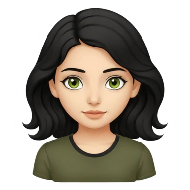 a pretty FAIR indian bratz girl with wavy black hair, wearing a black tshirt. eyeliner on, olive green eyes.  sticker