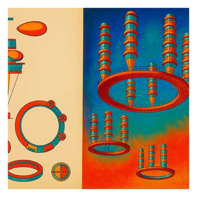 Летающий город в СССР 1920-х годов Георгия Крутикова слегка рисованный, но при этом объемный стиль, яркие цвета sticker