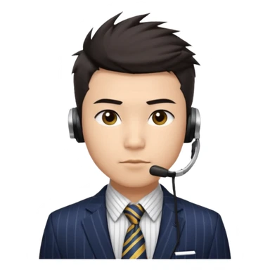 A young Asian man with light skin, short dark hair styled upward with a spiked swoop in front, a clean-shaven face, focused eyes, and a slim headset over one ear, wearing a dark pinstripe suit with a patterned dress shirt and a bright solid-colored tie visible from the chest up. sticker
