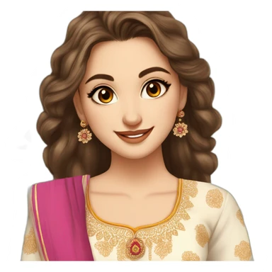 a most beautiful white girl with a small bindi in forehead with jimika and cute loose hairstyle wearing a blur anarkali kurti and a beautfiul smile with flowers sticker