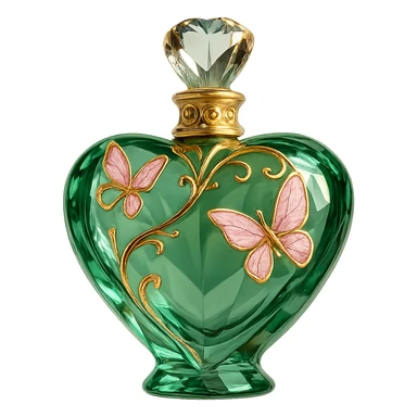 very close crystal green heart-shaped bottle with golden details and pink butterflies, transparent background, design very similar to the provided image, elegant, bright, crystal clear, no additional elements or changes sticker