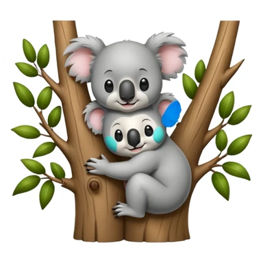 Black and white only; Koala and tree character hugging each other, add a face to the tree sticker