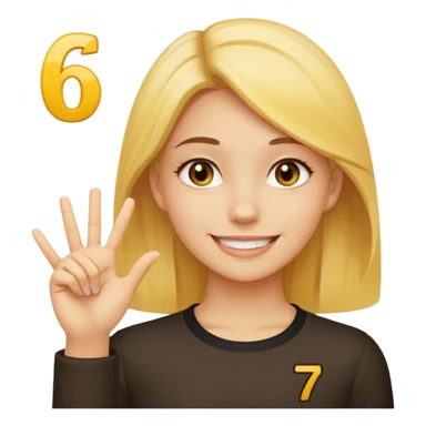 yellow smiling face girl with one hand flat under chin. With the number 6 on the left hand and the number 7 on the right hand sticker
