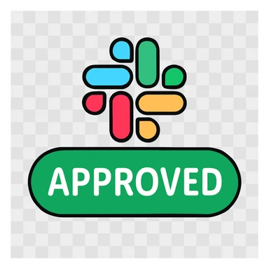 Slack emoji with the word 'Approved' in a rounded, friendly font, white text on a green background, high contrast for readability sticker