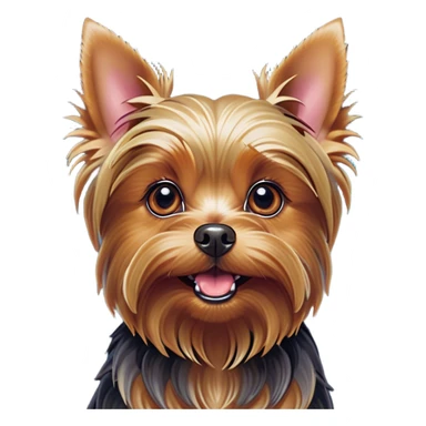 Cinematic Comical Yorkshire Terrier Portrait Emoji, Head tilted dramatically with an exaggeratedly surprised, comical expression and wide, expressive eyes, featuring a perky, well-groomed fur in rich hues, simplified yet hilariously detailed, glowing with a bold, sassy radiance, high shine, exuding playful mischief and cheeky terrier attitude, styled with a soft glowing outline, capturing the essence of a Yorkshire Terrier that appears ready to comically dash out of the frame! sticker