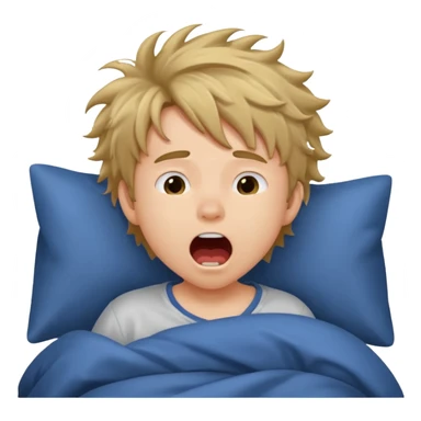 emoji- of a cute boy waking up in bed. He is yawning or rubbing his eyes.  sticker