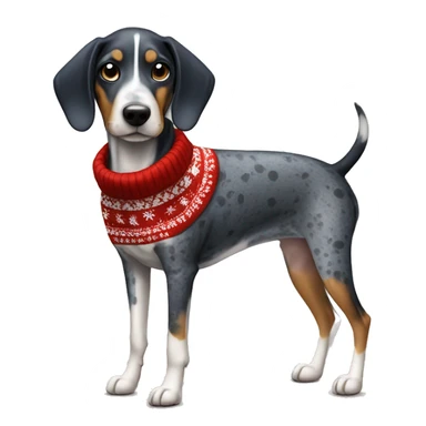 Miniature bluetick hound wearing a Christmas sweater sticker