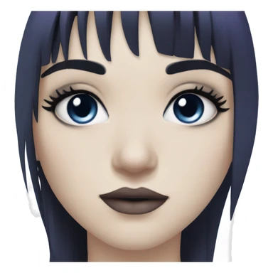 gothic girl, pale skin, blue eyes, long hair, deep dark purple hair, bangs, black clothes, eyeliner, upper lip beauty mark sticker