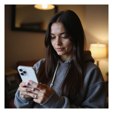 realistic PNG image of a woman with long straight dark brown-black hair holding an iPhone recording a TikTok video wearing a hoodie looking at the phone screen in a cozy indoor space transparent background sticker