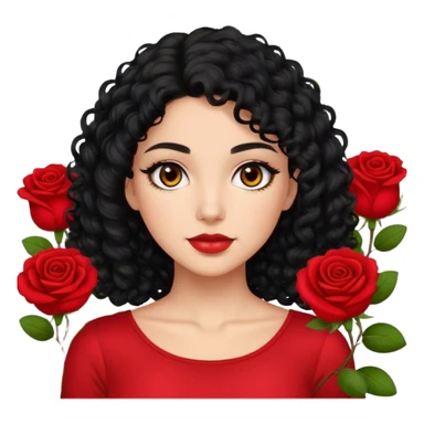 Olive Brown eyes black curly hair red roses backround red top  sticker