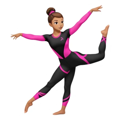 A female gymnast with brown hair in a neat bun, wearing black leggings and a T-shirt with neon pink elements, performing an acrobatic move. sticker