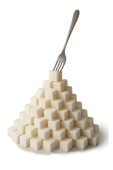 monagna di zollette di zucchero con una forchetta appizzata sopra, iperrealistico 4k sticker