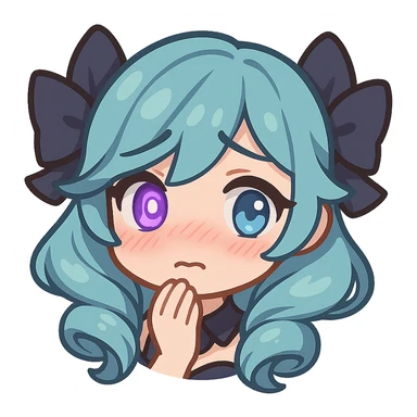 Gwen from League of Legends, shy emote, chibi style, only head, right eye glowing purple sticker