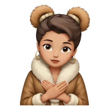 Girl with slick back bow in hair and a cute top with fur coat and she is holding her hands crossed around her neck sticker