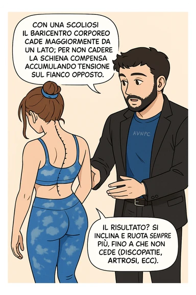 fai questa immagine in versione manga/webtoon a colori, il manga mostra la donna di spalle, mentre l'uomo le tocca la spina dorsale per spiegarle come funziona la scoliosi:
Con una scoliosi il baricentro corporeo cade maggiormente da un lato; per non cadere la schiena compensa accumulando tensione sul fianco opposto.
Il risultato? Si inclina e ruota sempre più, fino a che non cede (discopatie, artrosi, ecc) sticker