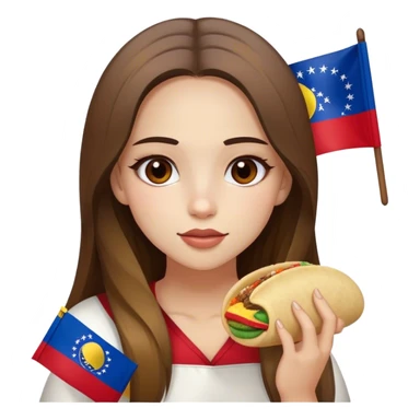 Chica bella con cabello balayage largo liso y ojos marrones comiendo arepa y bandera de Venezuela  sticker