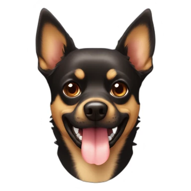 black brown colored mutt dog with small german shephard head but larger chihuahua eyes and large overbite with left upper sharp canine tooth a crooked and sticking out mouth sticker