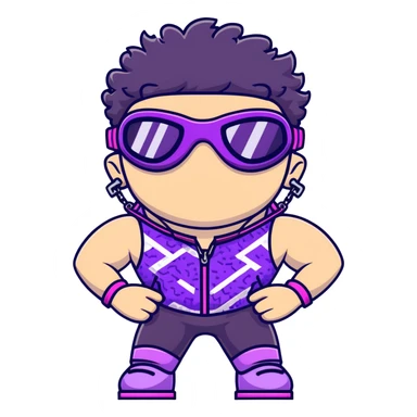 male athlete with white skin and moderately curly black hair on top with shaved sides, wearing ski goggles with purple frames and very dark black lenses, a simple plain black chain necklace, and a completely unzipped shiny vest with purple and black sequin fire pattern design, fully revealing his chest and abs, no earrings sticker
