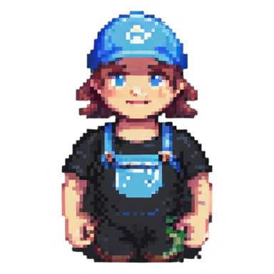 Plumber wearing a black t-shirt in pixel art style, pixelated and retro video game look with clear black t-shirt detail. sticker