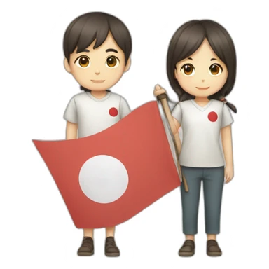 boy and girl holding Japanese flag sticker