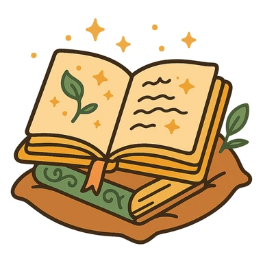  cute open book lying on a cozy surface, designed in a soft and magical color palette: golden orange (FA9B41), deep forest green (4A7C5C), warm taupe brown (96775A), and pastel peach (FFCC9A). The pages are slightly aged with gentle curves, featuring whimsical illustrations, tiny stars, and elegant handwritten text. The book cover, visible beneath the open pages, has decorative patterns and a ribbon bookmark in peach and green tones. Around the book, add soft light, a few leaves, or glowing sparkles, creating a dreamy, enchanted, storybook-like atmosphere. The overall mood is warm, magical, and gentle sticker