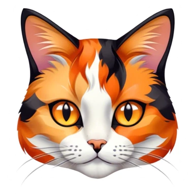 Cinematic Noble Calico Cat Portrait Emoji, Poised and regal, with a striking patchwork fur in vibrant orange, black, and white hues, delicate whiskers and a refined, focused gaze, simplified yet exquisitely detailed, glowing with a soft, moonlit radiance and an air of aristocratic elegance, high shine, exuding dignified intelligence and poised authority, soft glowing outline, capturing the essence of a watchful and noble calico cat that appears ready to grace the screen with effortless majesty! sticker