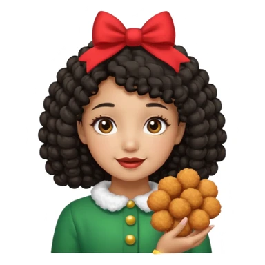 cute girl tan skin, curly black hair chin length, middle part, long eyelashes, cute cheeks, 5'2, outfit croquette style with bows and christmas theme, happy,  sticker