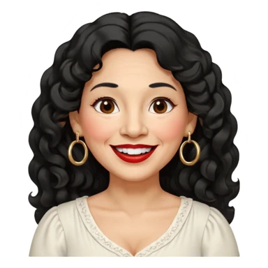 60 yr old peruvian woman, slightly chubby, wavy/curly long black hair, red lipstick, big smile, white teeth, brown eyes, hoop earings, side part to hair, round face, pretty white dress, hair side swept, big hoop earing sticker