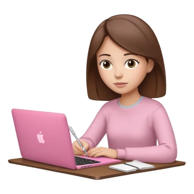 Chica lacia en una MacBook rosa investigando y haciendo tareas sticker