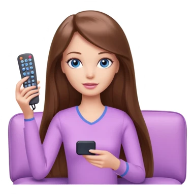 beautiful barbie girl with long brown hair, blue eyes and wearing light purple clothes watching tv sticker