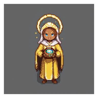 Portrait of a radiant baker with a glowing halo, golden robes, and a cookie-shaped aura, skeuomorphism style sticker